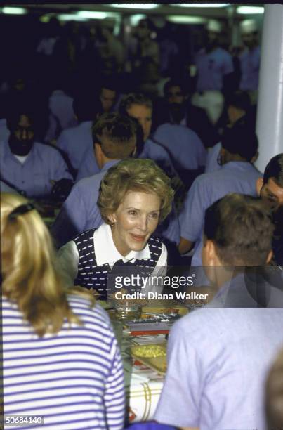 Nancy Reagan lunches with crew in mess aboard USS America.