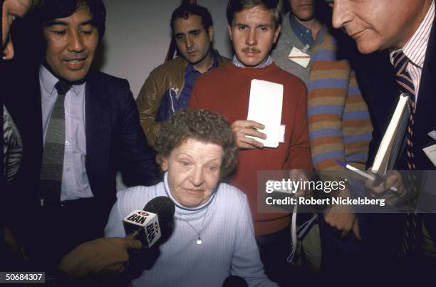 Gitta Stammer who sheltered Nazi war criminal Dr. Josef Mengele being interviewed by press about Mengele's supposed death.