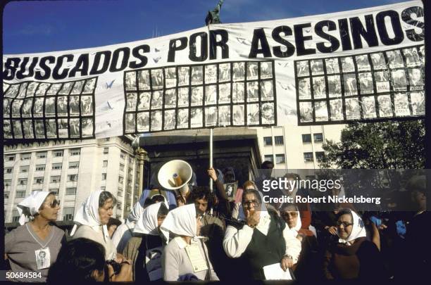 Mothers of Plaza de Mayo at demonstration regarding missing persons who disappeared during military regime in front of presidential palace.