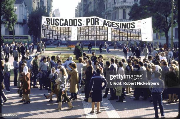 Mothers of Plaza de Mayo at demonstration regarding missing persons who disappeared during military regime in front of presidential palace.