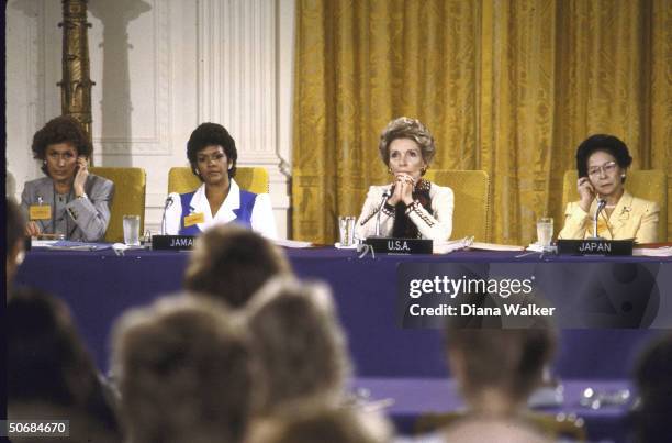 Wife of US Pres. Mrs. Ronald W. Reagan with wife of Italian PM Mrs. Bettino Craxi , wife of Jamaican PM Mrs. Edward Seaga and wife of Japanese PM...