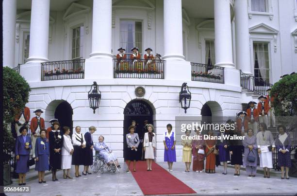 Those present during First Ladies Drug Summit including wife of US Pres. Mrs. Ronald W. Reagan , wife of Canadian PM Mrs. Brian Mulroney , wife of...
