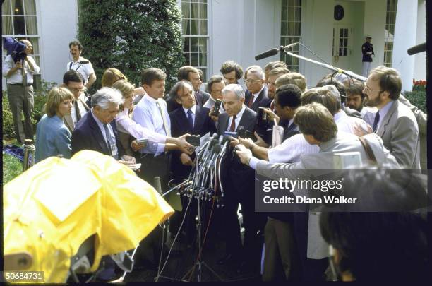 Jewish Leaders Elie Wiesel and Kenneth Bialkin including the press, ABC's Sam Donaldson and Bob Jamieson after meeting with White House Chief of...