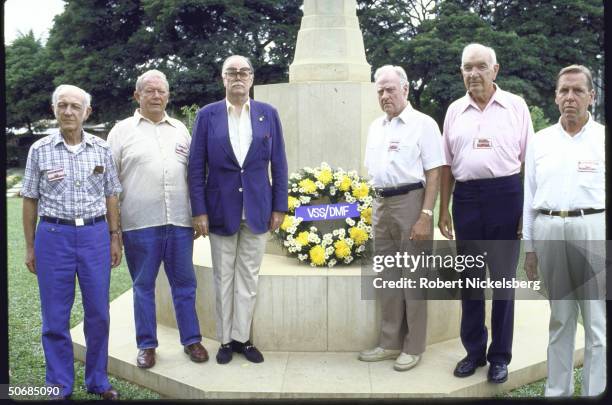 Veterans of the OSS George Hopiak, Olaf Hange, Geoffrey Jones, William Pye, Francis Loetterle and William Moore laying a wreath at Memorial Monument...