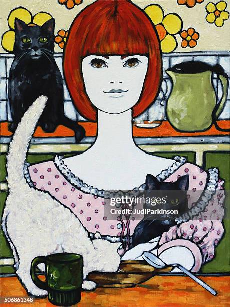 bildbanksillustrationer, clip art samt tecknat material och ikoner med cat lady with cats in a retro ktchen painting - black hairy women