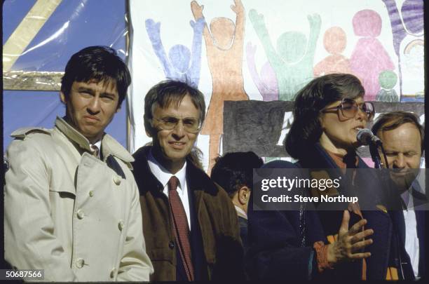 Astronomer Dr. Carl Sagan and Representative Patricia Shroeder taking part in a demonstration against the first US nuclear explosion of the year.