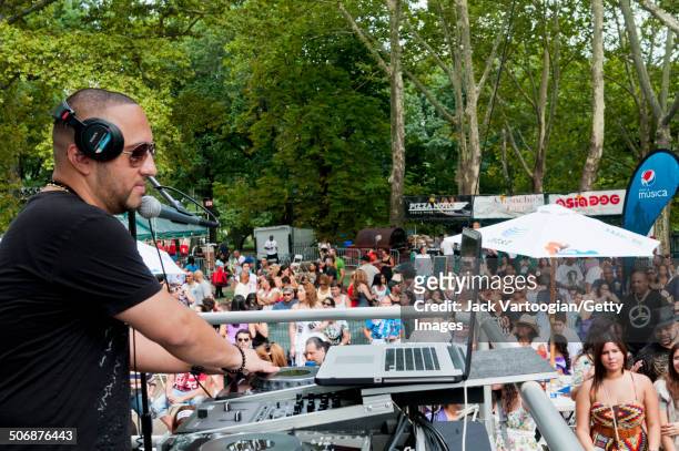 Colombian DJ Alex Sensation spins Reggaeton and other Latin sounds during a concert at Central Park SummerStage, New York, New York, August 13, 2011....