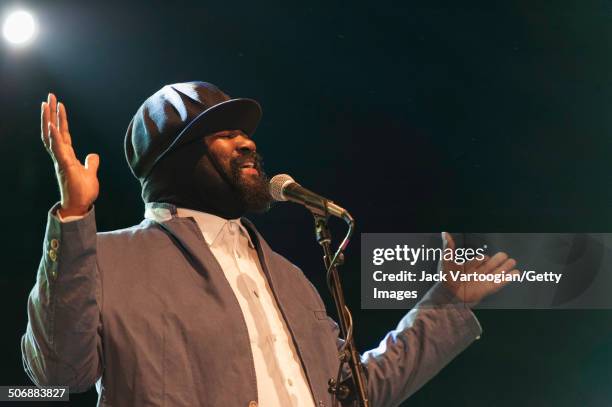 American Jazz singer Gregory Porter leads his quartet as they perform with the Revive Big Band at a dual celebration of Blue Note's 75th anniversary...