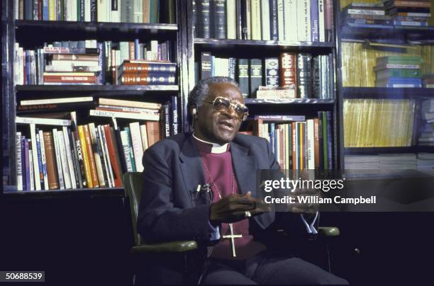 Portraits of South African Anglican Bishop Desmond Tutu being interviewed for NBC's television program Meet the Press.