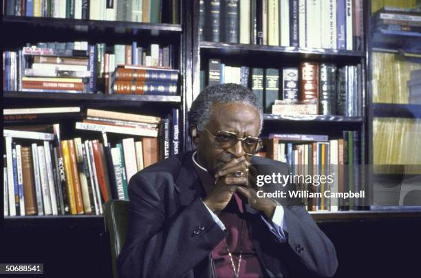 Portraits of South African Anglican Bishop Desmond Tutu being interviewed for NBC's television program Meet the Press.