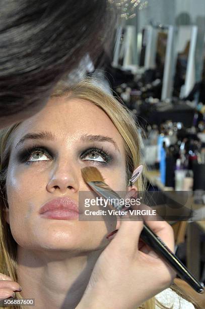 Model Rosie Huntington-Whiteley backstage during the Versace Haute Couture Spring Summer 2016 show as part of Paris Fashion Week on January 24, 2016...