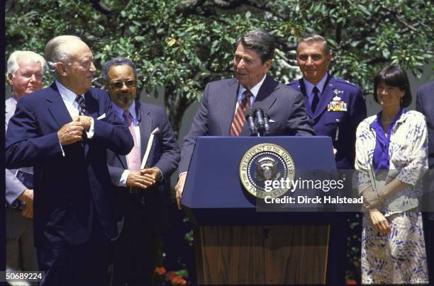 Members of the Challenger accident Commission: Sally Ride, Donald Kutyna, Presiden Reagan, Arthur Walker Jr., William Rogers and Robert Hotz, as they...