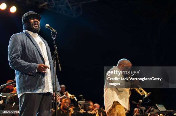 American Jazz singer Gregory Porter leads his quartet as they perform with the Revive Big Band at a dual celebration of Blue Note's 75th anniversary...