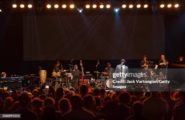 American Jazz singer Gregory Porter leads his quartet as they perform with the Revive Big Band at a dual celebration of Blue Note's 75th anniversary...