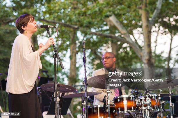 American Jazz singer Gretchen Parlato, with drummer Otis Brown III and his quintet, performs at a dual celebration of Blue Note's 75th anniversary...