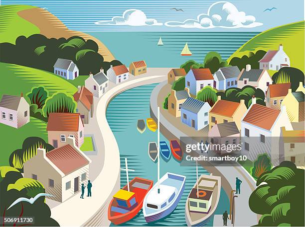 illustrazioni stock, clip art, cartoni animati e icone di tendenza di città o villaggio costiero - costa caratteristica costiera