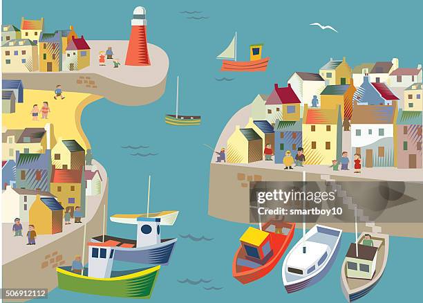 ilustraciones, imágenes clip art, dibujos animados e iconos de stock de pesca/aldea o la ciudad. - arrastrero