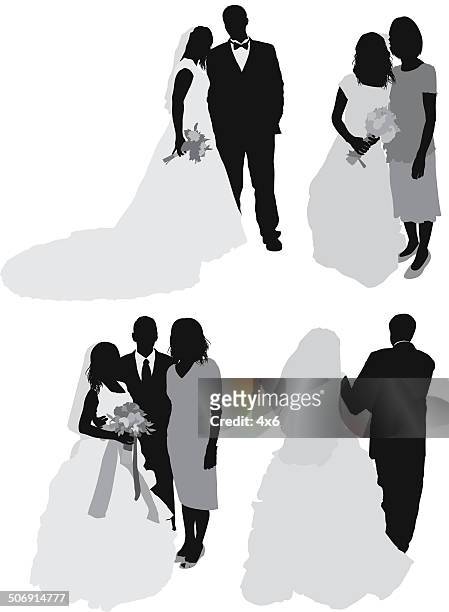 couple on wedding day - front on groom and bride stock illustrations