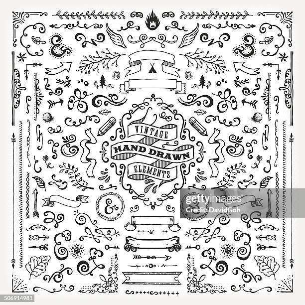 illustrations, cliparts, dessins animés et icônes de aube à la main des éléments de design (jeu complet) - gribouillage