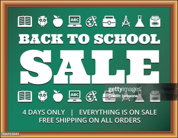 school and education sale banner on blackboard - back to school shopping stock illustrations