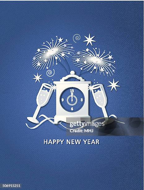 paper new year clock and fireworks collage on blue card - mhj stock illustrations