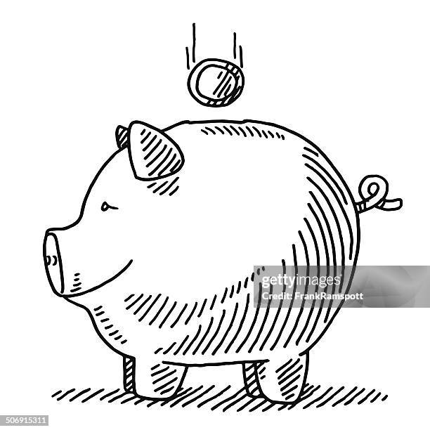 finance piggy bank falling coin drawing - piggy bank stock illustrations