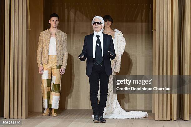 Baptiste Giabiconi, a model and Karl Lagerfeld pose on the runway during the Chanel Spring Summer 2016 show as part of Paris Fashion Week on January...