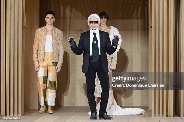 Baptiste Giabiconi, a model and Karl Lagerfeld pose on the runway during the Chanel Spring Summer 2016 show as part of Paris Fashion Week on January...