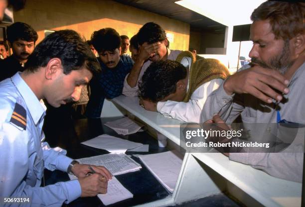 Grieving relatives of passengers getting news of their fate from Saudi airlines officials after Saudi Arabian Airlines Boeing 747 passenger jet &...