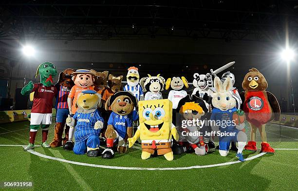 Spongebob Squarepants and 15 mascots from The Football League prior to taking part in a Guinness World Records attempt for the most football penalty...