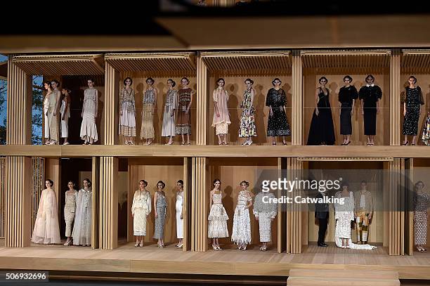 Karl Lagerfeld at the finale of the Chanel Spring Summer 2016 fashion show during Paris Haute Couture Fashion Week on January 26, 2016 in Paris,...
