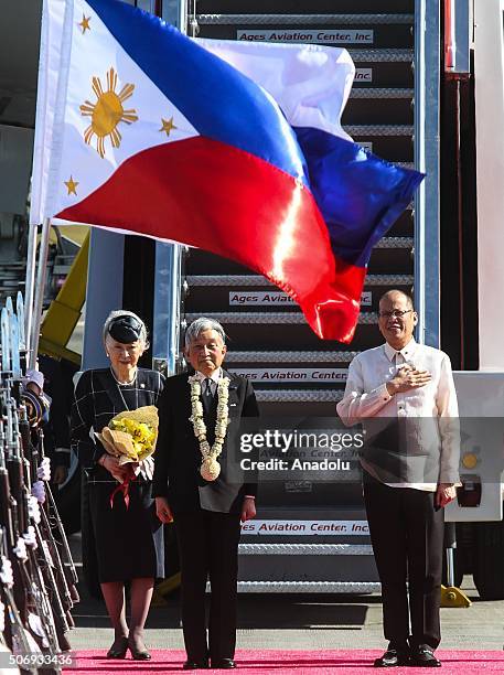 Pasay City, Philippines - 26 January 2015 : Japanese Emperor Akihito and Empress Michiko stand beside Philippine President Benigno Aquino III as he...