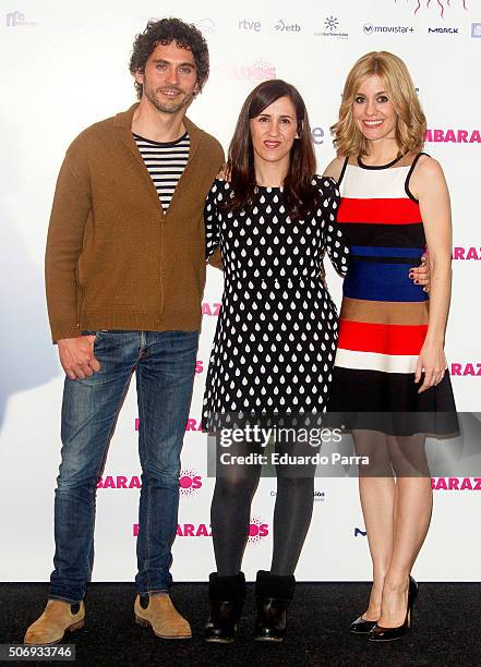 Actor Paco Leon, director Juana Macias and actress Alexandra Jimenez attend 'Embarazados' photocall at Telefonica store on January 26, 2016 in...