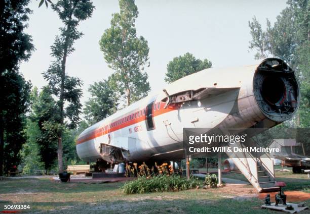View from outside of Boeing 727 fuselage, which has been converted into 3 bedroom home by beautician Jo Ann Ussery.