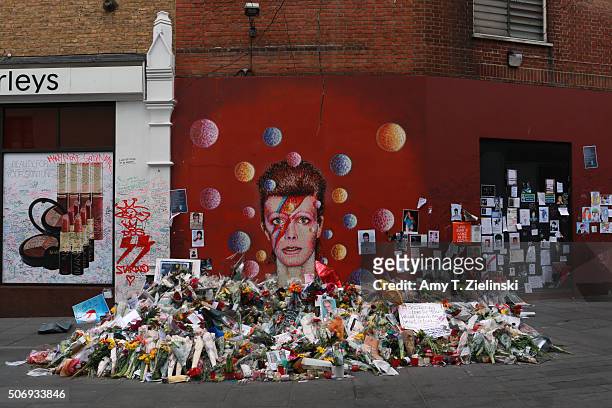Flowers, letters and other items left on a mound continue to grow two weeks after the death of Brixton born English singer, songwriter David Bowie at...