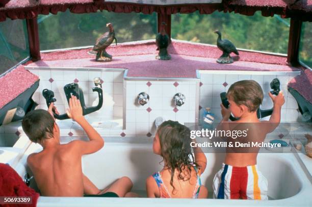 Grandchildren of beautician Jo Ann Ussery Steven Katelyn & Morgan taking bath in former cockpit/bathroom at her home,which is converted Boeing 727...