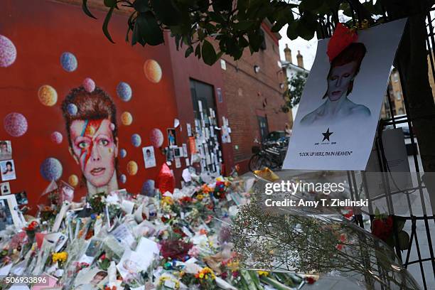 Flowers, letters and other items left on a mound continue to grow two weeks after the death of Brixton born English singer, songwriter David Bowie at...