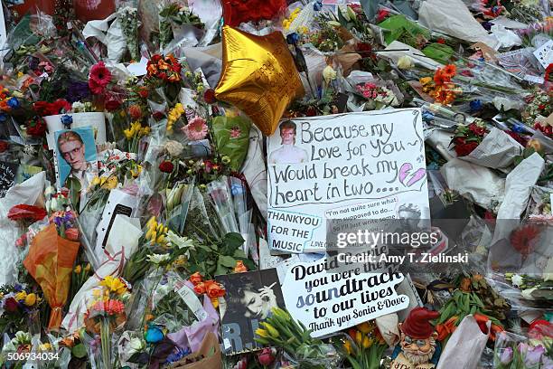 Detail view of the flowers, letters and other items left on a mound continue to grow two weeks after the death of Brixton born English singer,...