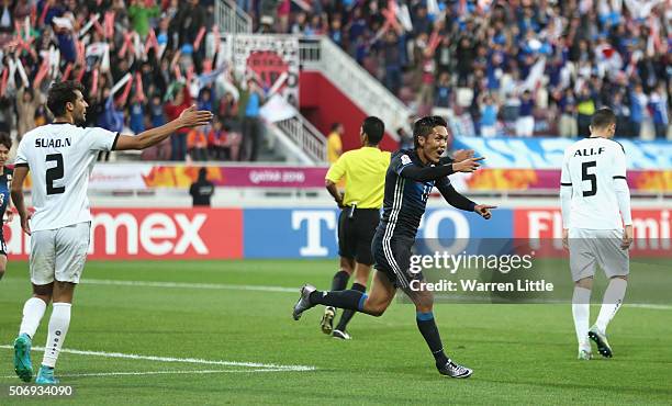 Yuya Kubo of Japan celebrates scoring the opening goal during the AFC U-23 Championship semi final match between Japan and Iraq at the Abdullah Bin...