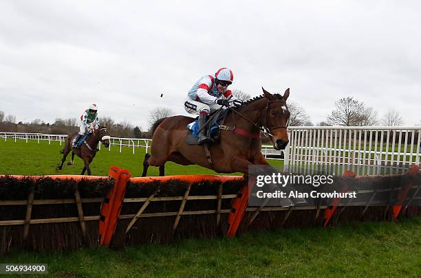 Aidan Coleman riding Tara Flow clear the last to win The British Stallion Studs EBF Mares' 'National Hunt' Novices' Hurdle Race at Leicester...