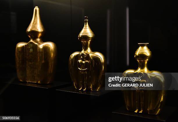 Gold recipients in the shape of gourds, part of a 123 piece pre-Columbian archaeological treasure of the indigenous Quimbayas donated by the...