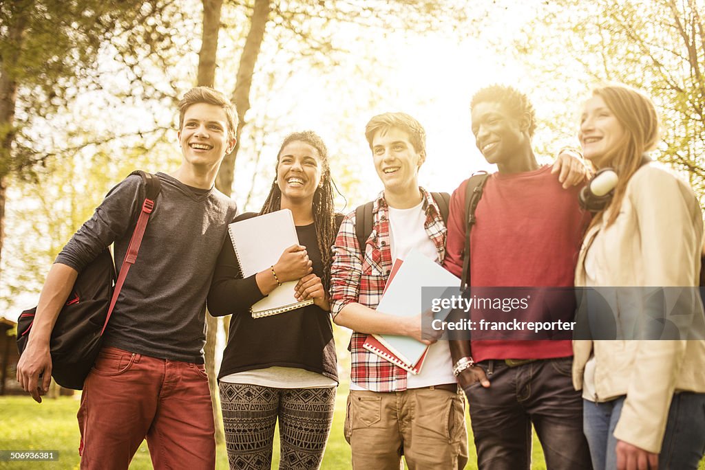 Teenagers college student smiling embracing
