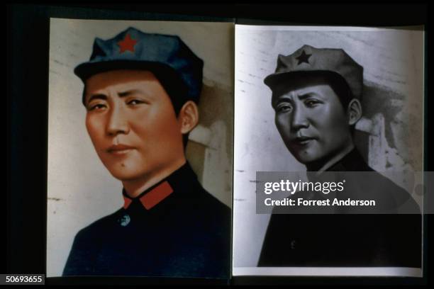 Undated b/w photo of Chinese leader Mao Zedong alongside colorized, airbrushed version, work of Men Songzhen, specialist on Xinhua state propaganda...