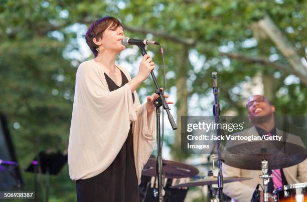 American Jazz singer Gretchen Parlato, with drummer Otis Brown III and his quintet, performs at a dual celebration of Blue Note's 75th anniversary...