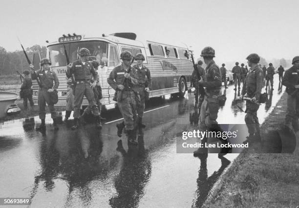 National Guardsmen showing strong presence as Freedom Riders make bus trip from Montgomery, Alabama to Jackson, Mississippi.