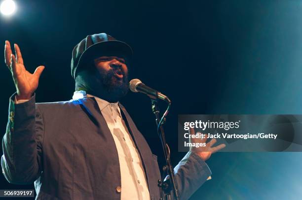 American Jazz singer Gregory Porter leads his quartet as they perform with the Revive Big Band at a dual celebration of Blue Note's 75th anniversary...