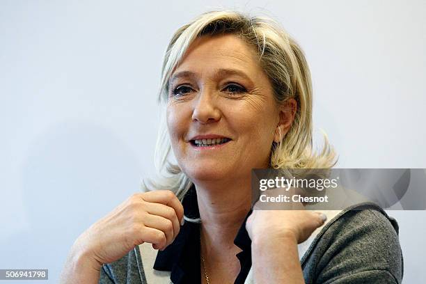 French Front National far-right party's President Marine Le Pen attends a press conference at the FN headquarters on January 26, 2016 in Nanterre,...