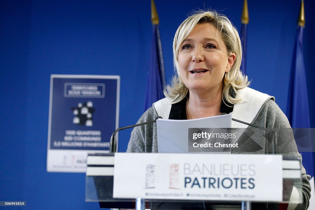 French Far-right National Front President Marine Le Pen Gives A Press Conference In Paris