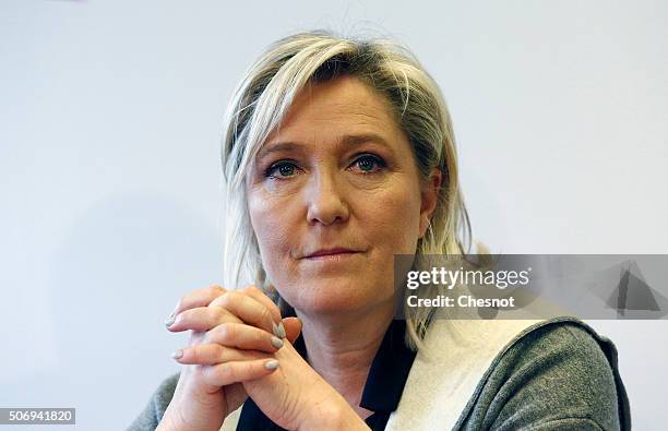 French Front National far-right party's President Marine Le Pen attends a press conference at the FN headquarters on January 26, 2016 in Nanterre,...