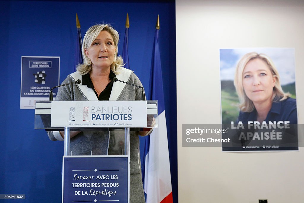 French Far-right National Front President Marine Le Pen Gives A Press Conference In Paris